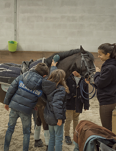 Crianças a escovar um pónei no Pony Club do Porto