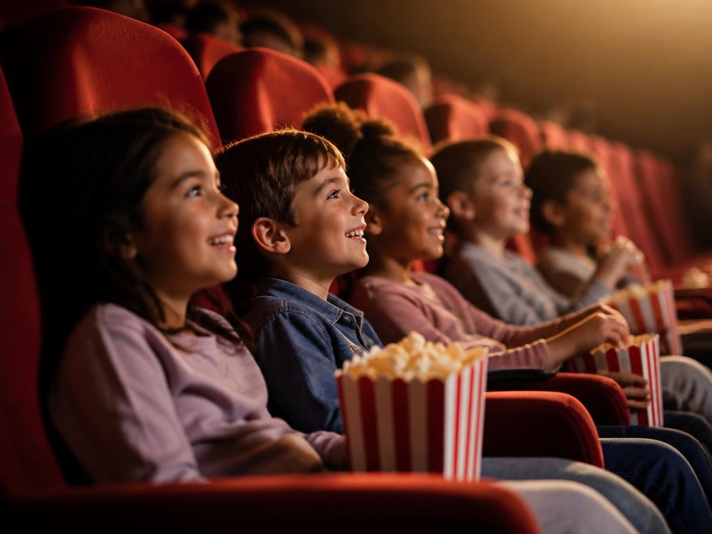 Crianças com pipocas numa sala de cinema dos Cinemas NOS